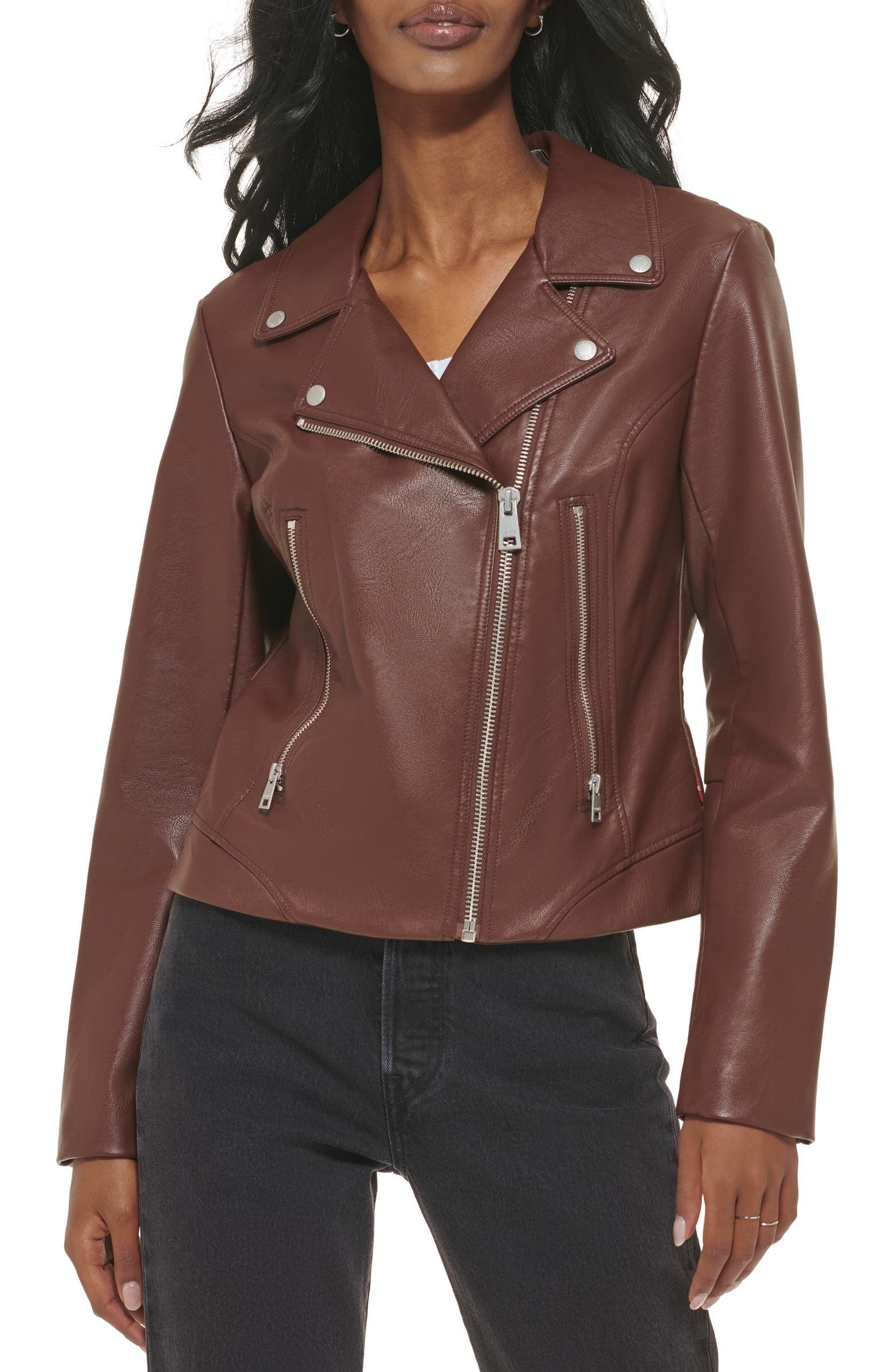 Faux Leather Moto Jacket in Brown