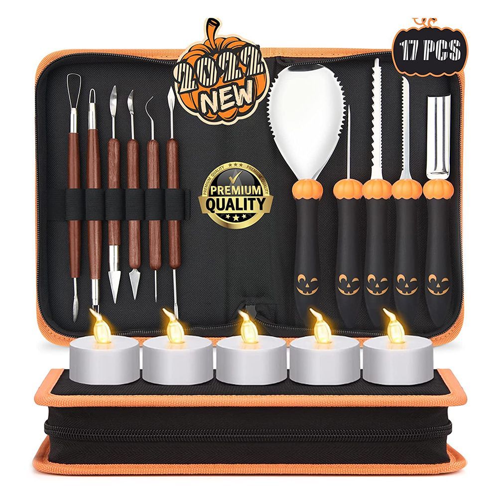 OWUDE Professional Pumpkin Carving Kit,11 Pcs Handle Heavy Duty Stainless Steel Sculpting Tools for Halloween with Skull Shaped Holder and 6 Pcs Paper Carving Templates 
