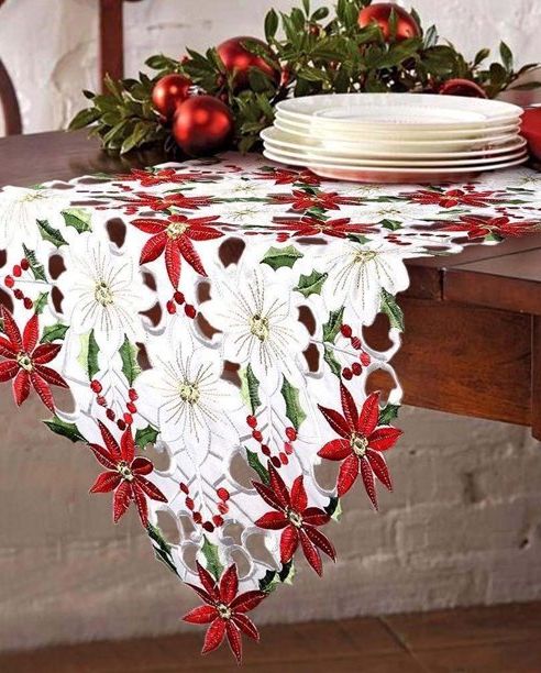 Christmas Table Runner with Poinsettias and Holly