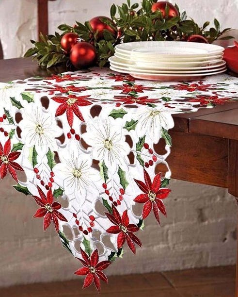 Christmas Table Runner with Poinsettias and Holly