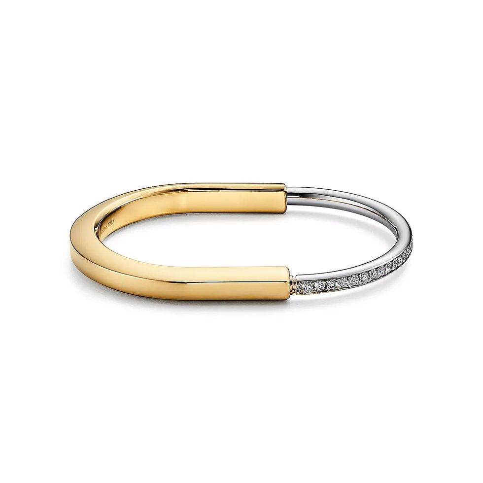 Lock Bangle in Yellow and White Gold with Half Pavé Diamonds
