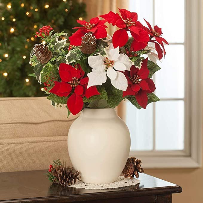 Artificial Holiday Poinsettia and Pinecone Bush