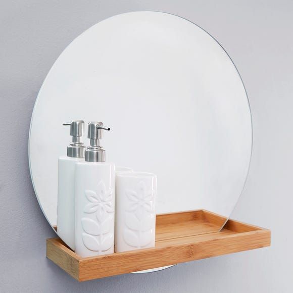 Round Wall Mirror with Bamboo Shelf