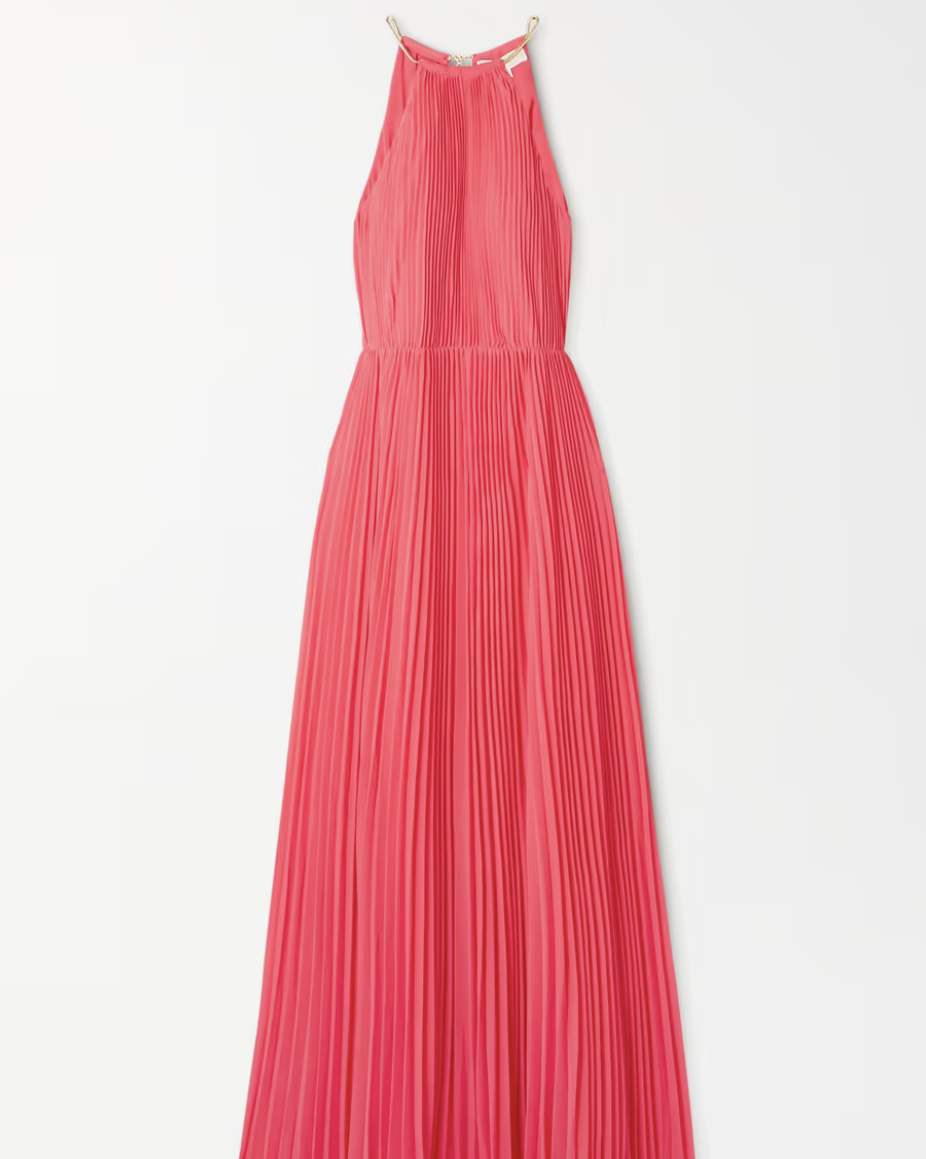 Chain-embellished pleated recycled crepe maxi dress