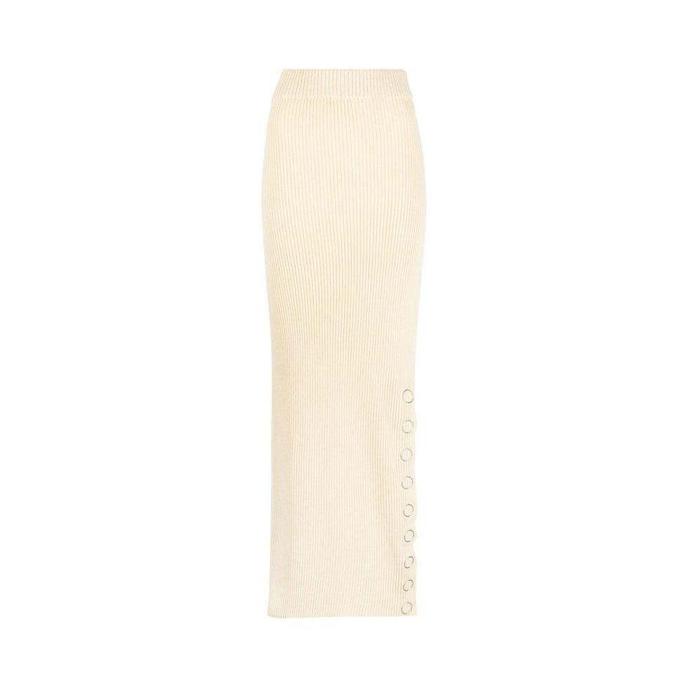 Ring-Stud Ribbed Linen-Blend Maxi Skirt