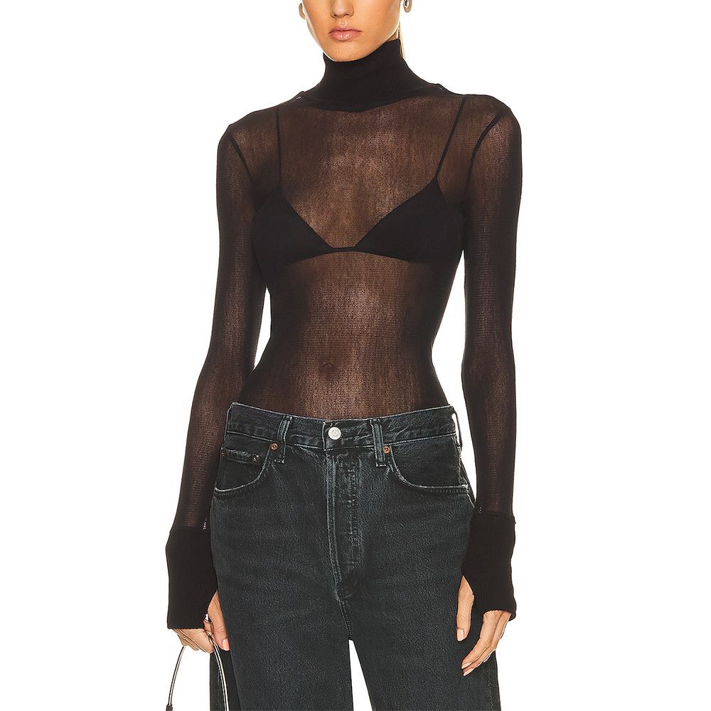 Cotton Mesh Cuffed Long Sleeve Turtleneck Top