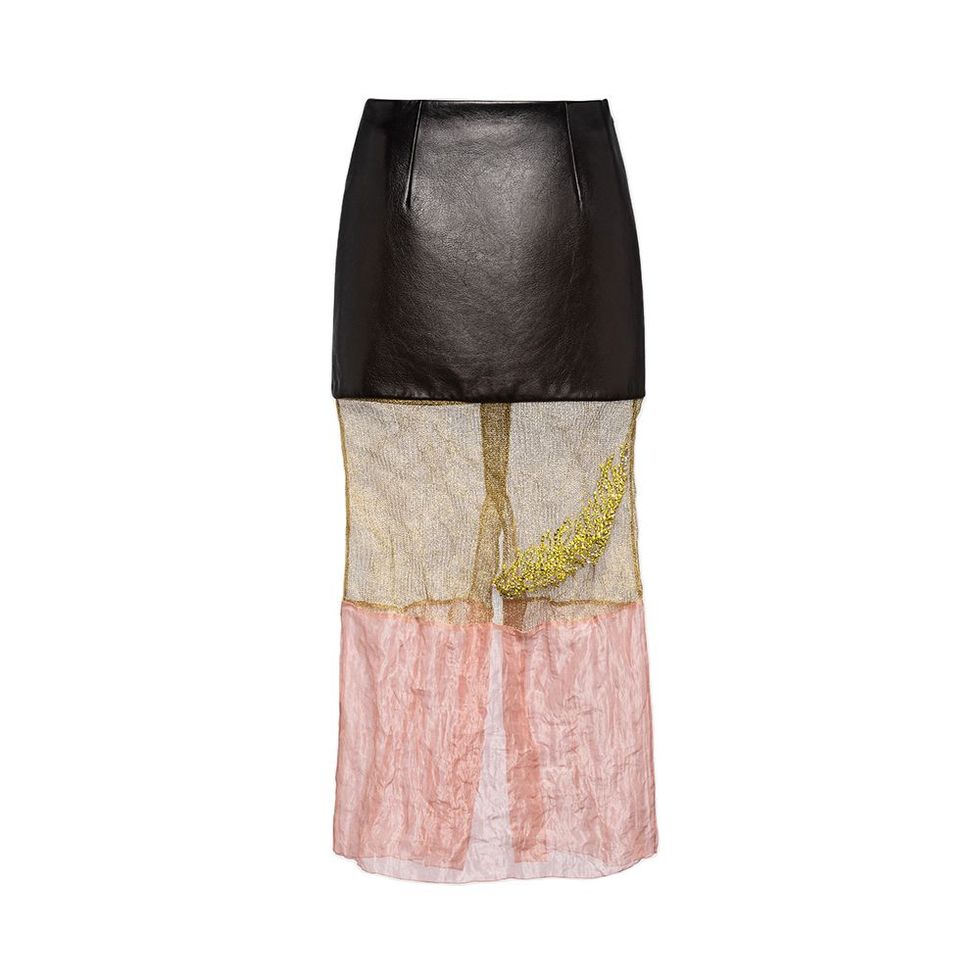 Embroidered Mesh and Leather Midi-Skirt