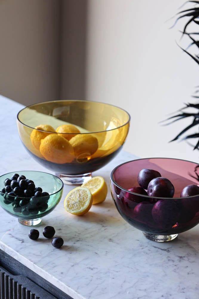 Set Of 3 Handmade Glass Bowls - Amber, Rose & Green