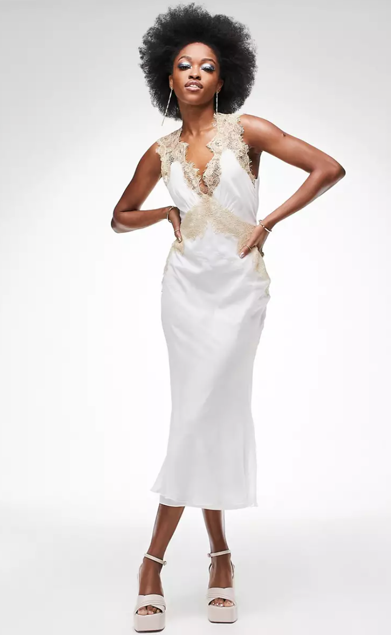 Soft Slip Midi Dress With Contrast Lace and Tie Back Detail in White