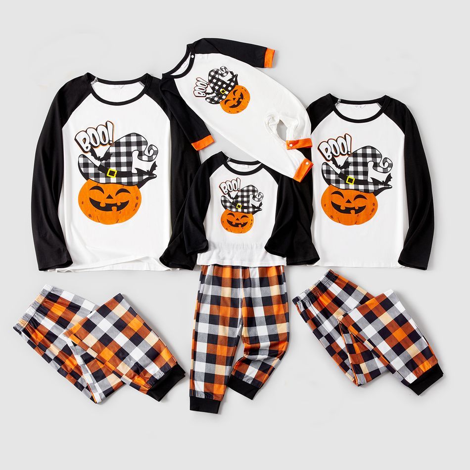 Halloween Raglan-Sleeve Pumpkin Plaid Pajamas Set