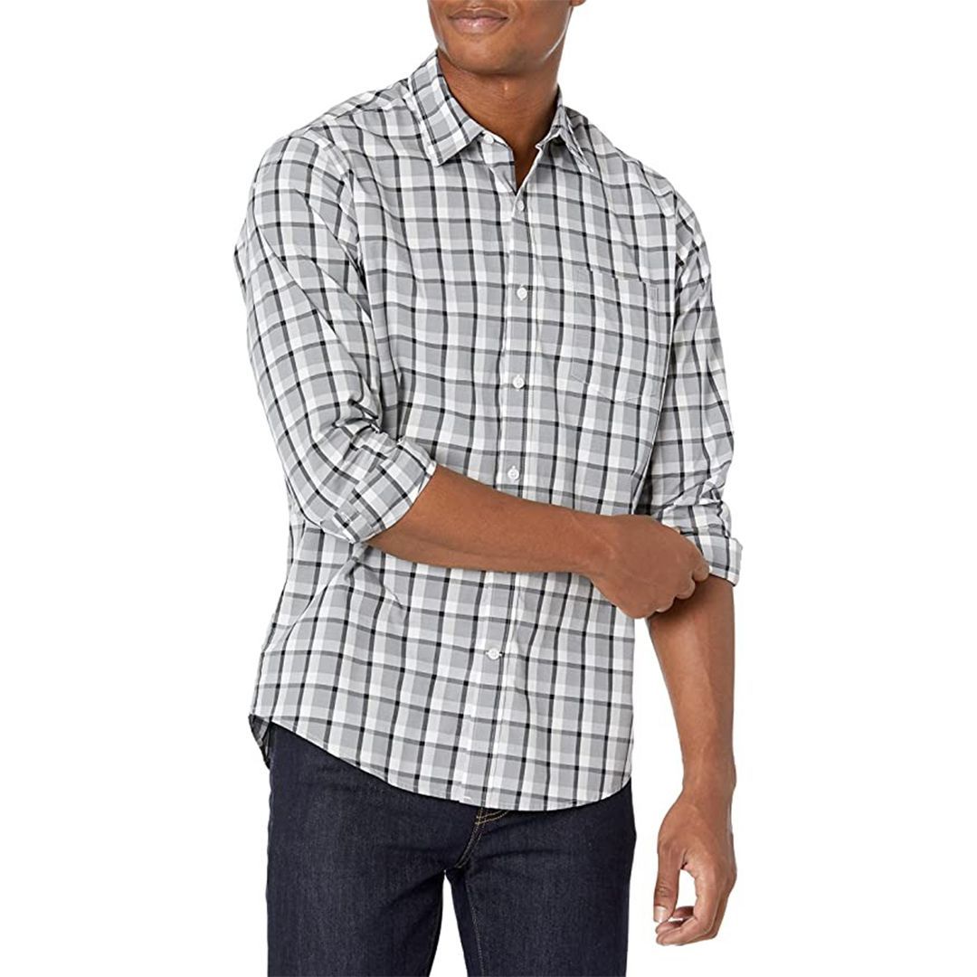 Long-sleeved plaid poplin shirt