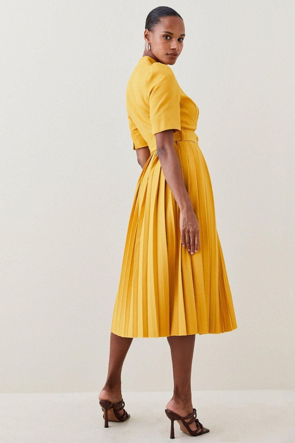 Structured Crepe Forever Pleat Belted Midi Dress