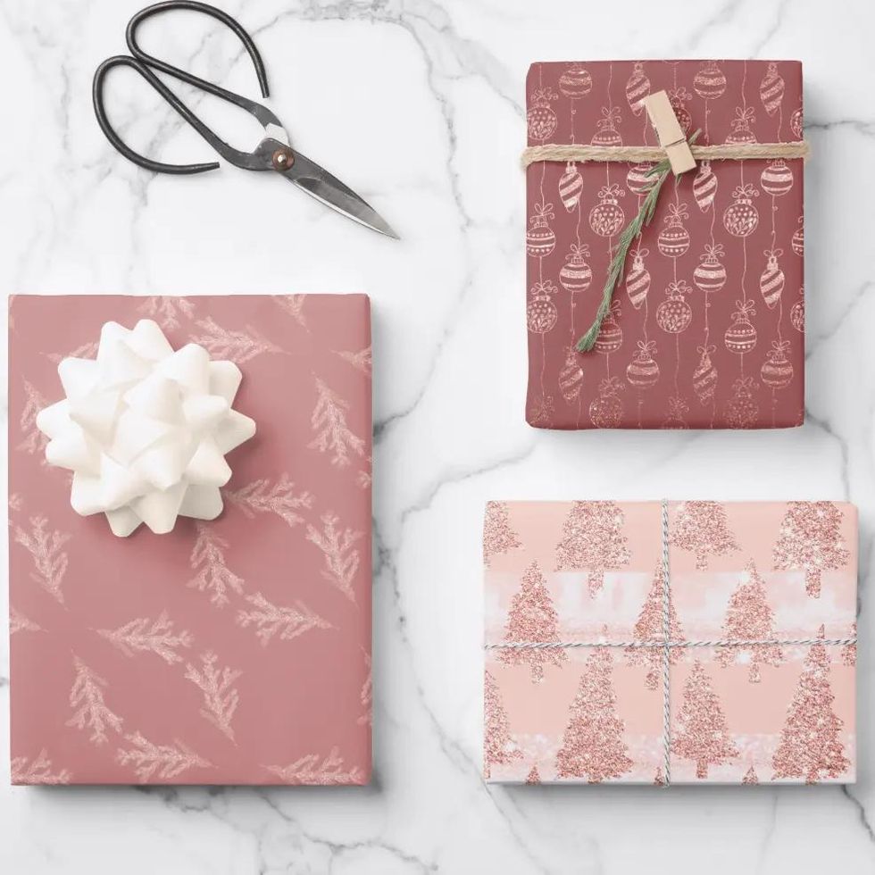 Elegant Rose Gold Christmas Trio Wrapping Paper
