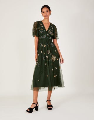 Kylie Embroidered Midi Tea Dress Green