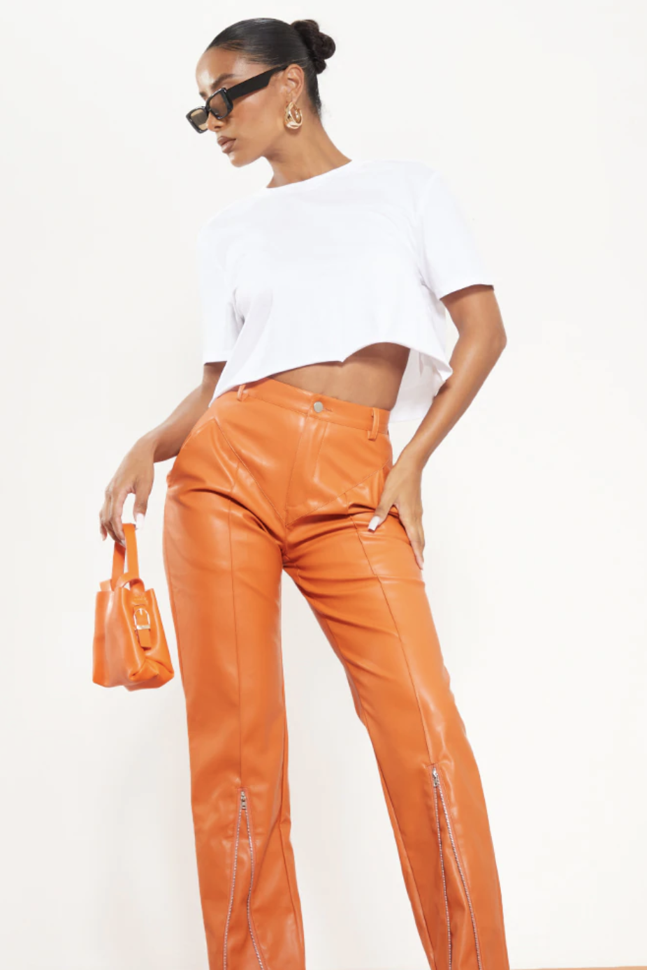 Orange Faux Leather Zip Seam Detail Straight Leg Pants