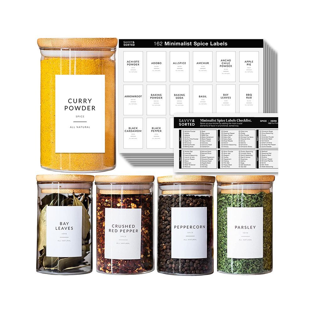 162 Minimalist Spice Jar Labels - Preprinted Stickers 