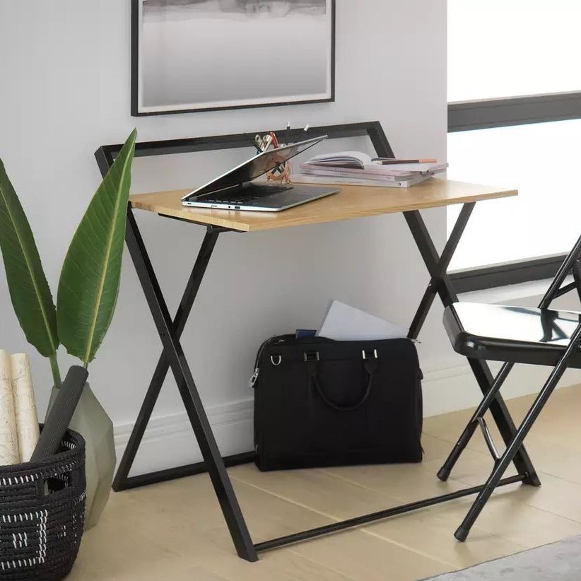 Compact Folding Office Desk - Black & Oak