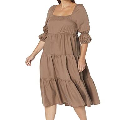 Keyla Puff-Sleeve Square-Neck Tiered Midi Dress