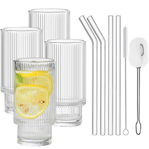 ALINK Ribbed Drinking Glasses with Glass Straws 4pcs Set