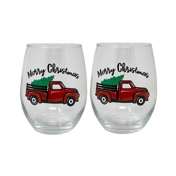 Vintage Red Truck Christmas Stemless Wine Glass