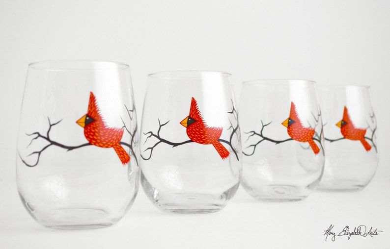 Holiday Hosting Cardinal Wine Glasses Set of 4 Stemless Christmas Glasses Red Bird Glassware 