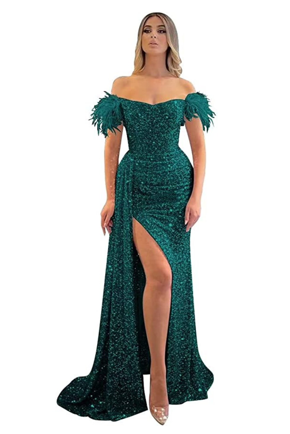 Feather Sequin Prom Dresses with Slit