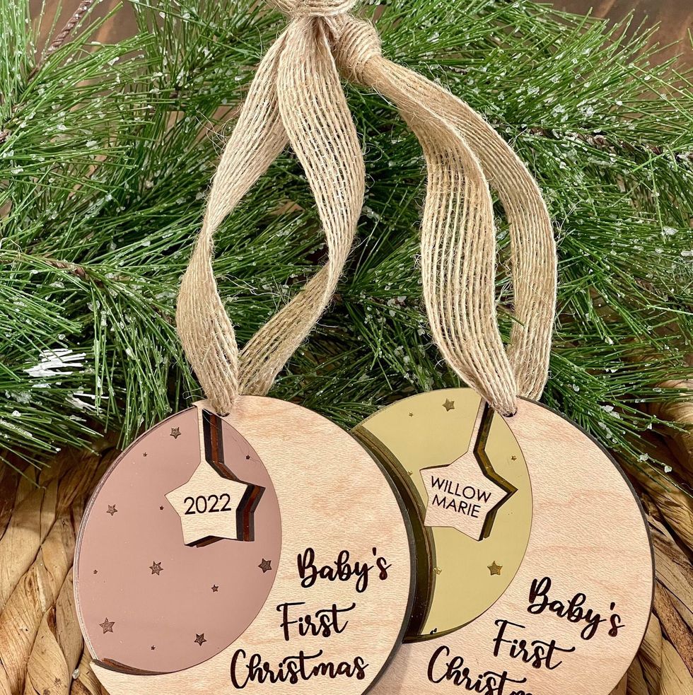 Baby Handprint Personalized Ceramic Ornament With Scalloped Border