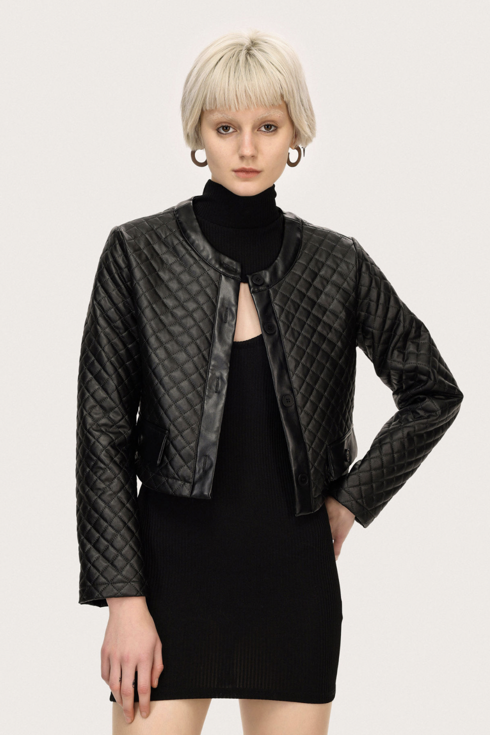Solid Faux Leather Quilted Jacket