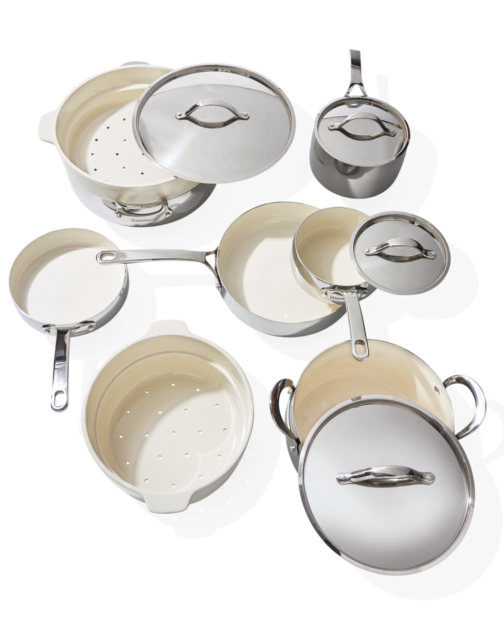 Bloomhouse - Oprah's Favorite Things - 12 Piece Triply Stainless Steel Pots  and Pans Cookware Set w/Non-Stick Non-Toxic Ceramic Interior, Ceramic