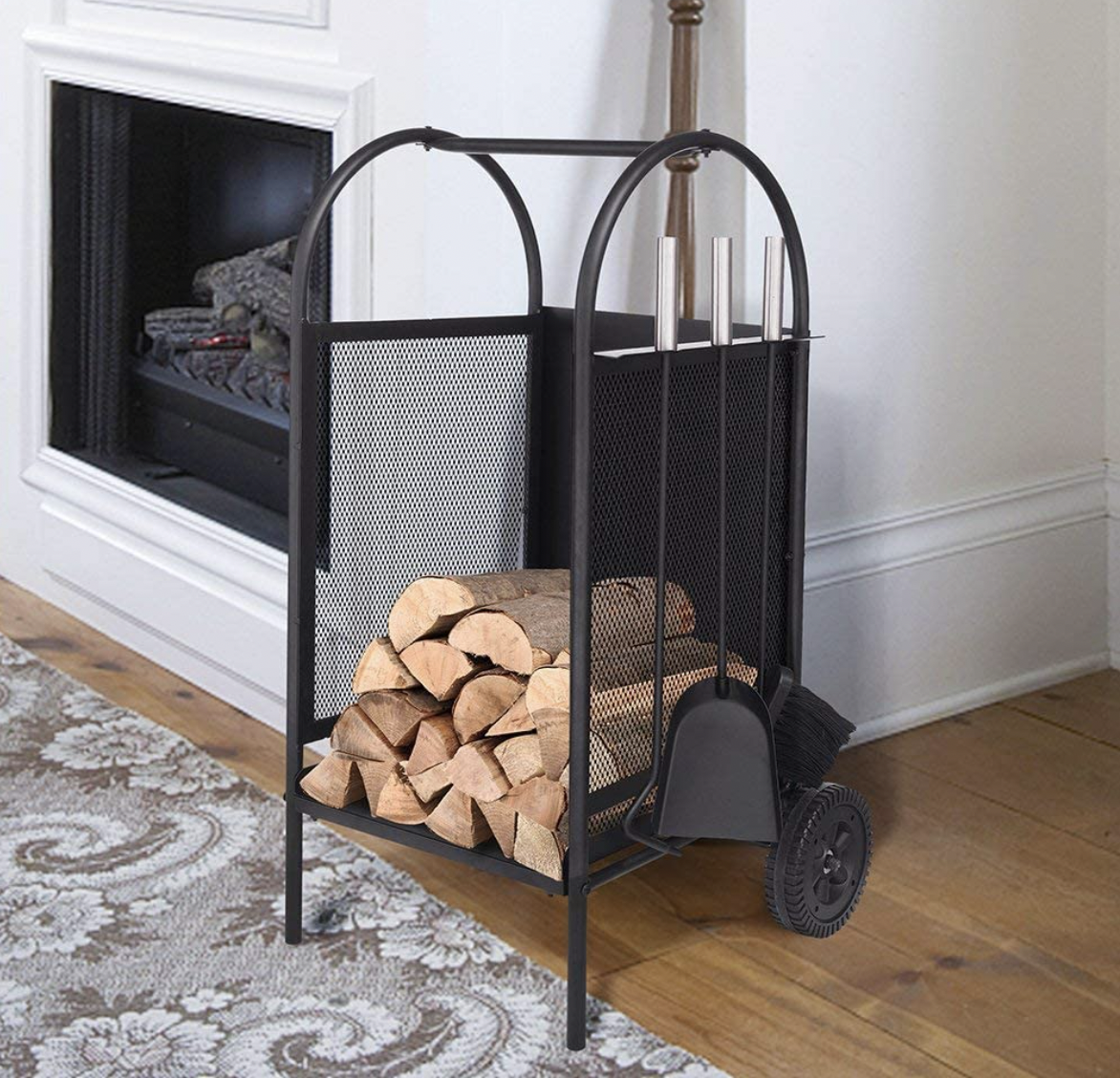 Firewood Rack Holder with 4 Fireplace Tools Set and Heavy Duty Log Carrier Tote 