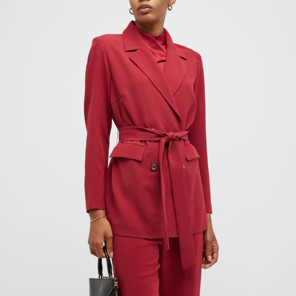 Belted Double-Breasted Crepe De Chine Blazer