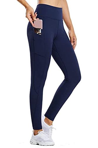 Women's Fleece Lined Water Resistant Legging High Waisted Thermal Winter Hiking Running Tights Pockets Navy Medium