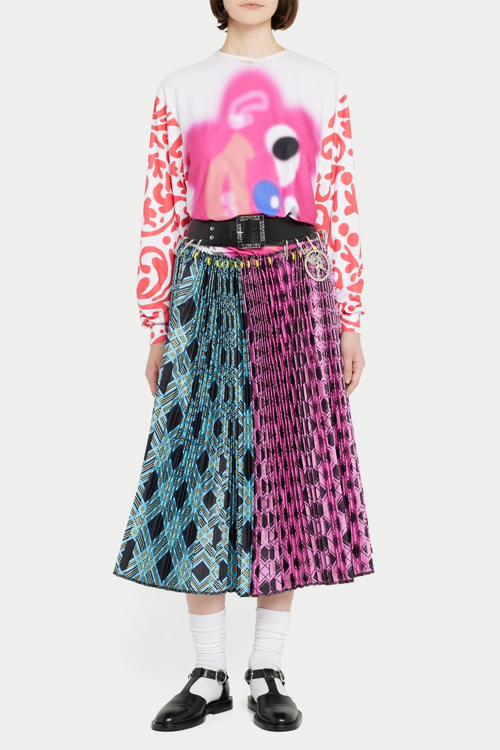 Mixed-Print Spliced Asymmetric Belted Skirt
