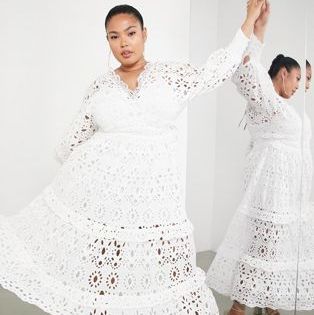 ASOS EDITION Curve v neck broderie midi dress with puff sleeve in white