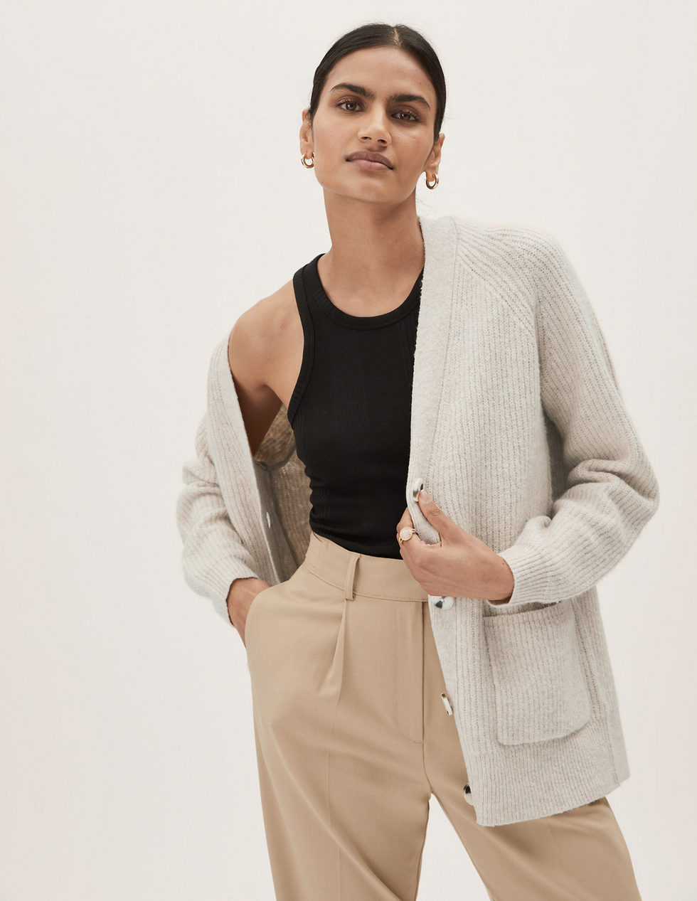 Ribbed V-Neck Relaxed Longline Cardigan