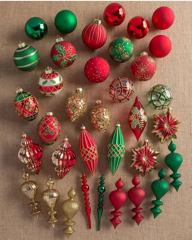 Set of 25 Handmade Green Red And Silver Mini Christmas Ornaments In  Assorted Styles
