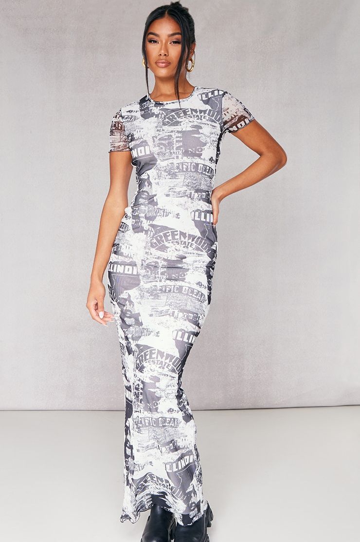 PrettyLittleThing White Paper Print Mesh Short-Sleeve Maxi Dress