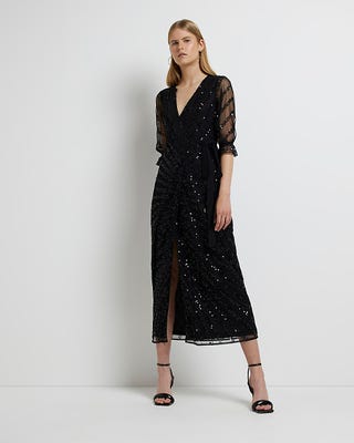 Black Sequin Wrap Midi Dress