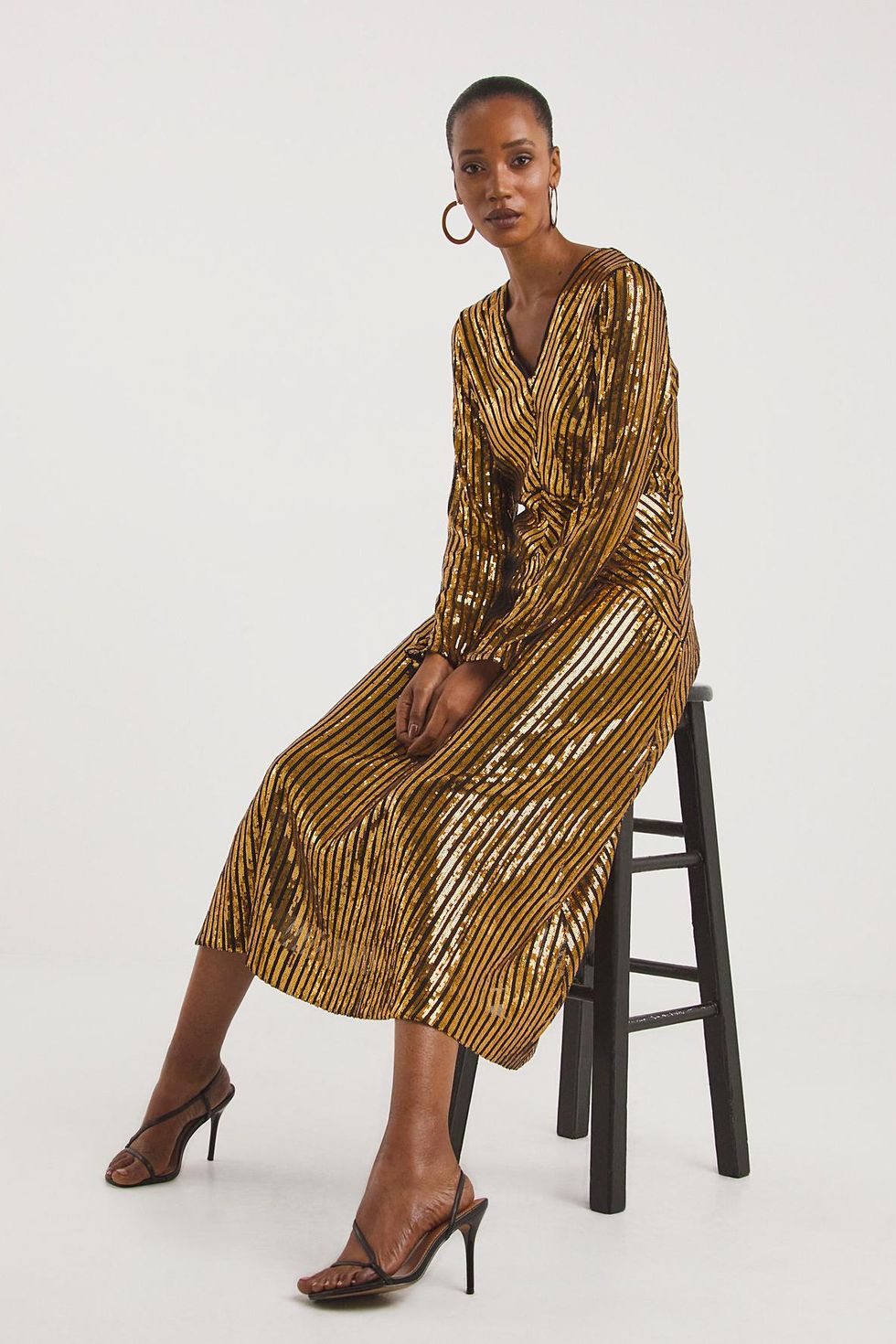 Striped Gold Sequin Midi Tea Dress