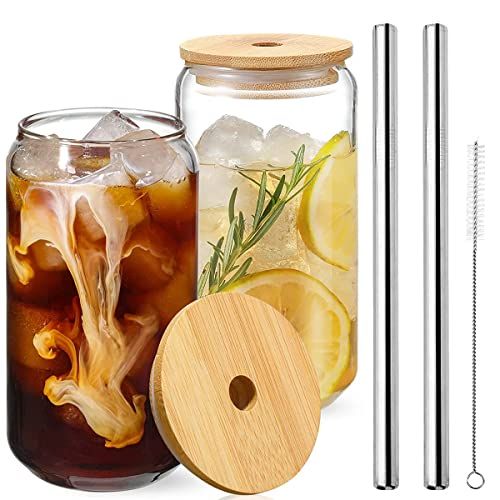 Transparent Can Glass Cups with Bamboo Lids and Stainless Steel Straw