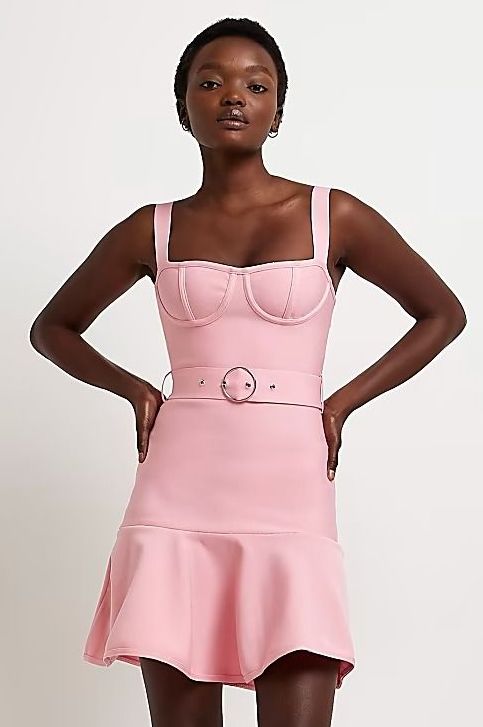 Pink belted mini skater dress