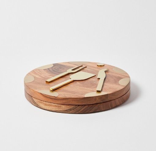 Anjo Wood & Brass Cheese Board & Knives Set