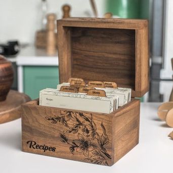 Wooden Recipe Box With Dividers And Recipe Cards