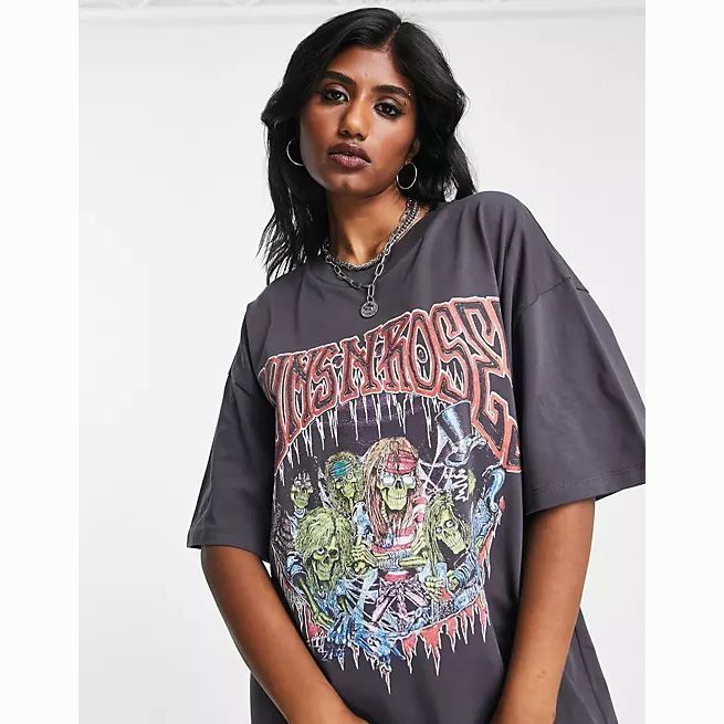 ASOS DESIGN Oversized T-shirt Mini Dress with 80s Rock and Roll Graphic