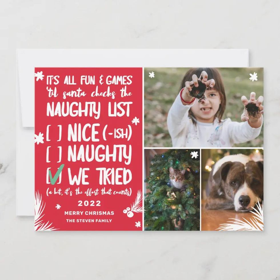 "Naughty, Nice, We Tried" Picture Christmas Card