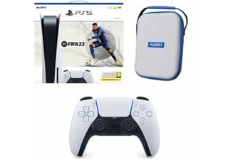 PS5 bundle containing FIFA 23 and white DualSense controller with case