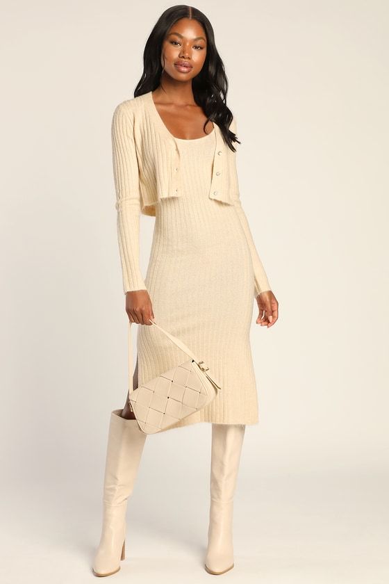 Iconic Duo Cream Ribbed Knit Two-Piece Midi Sweater Dress