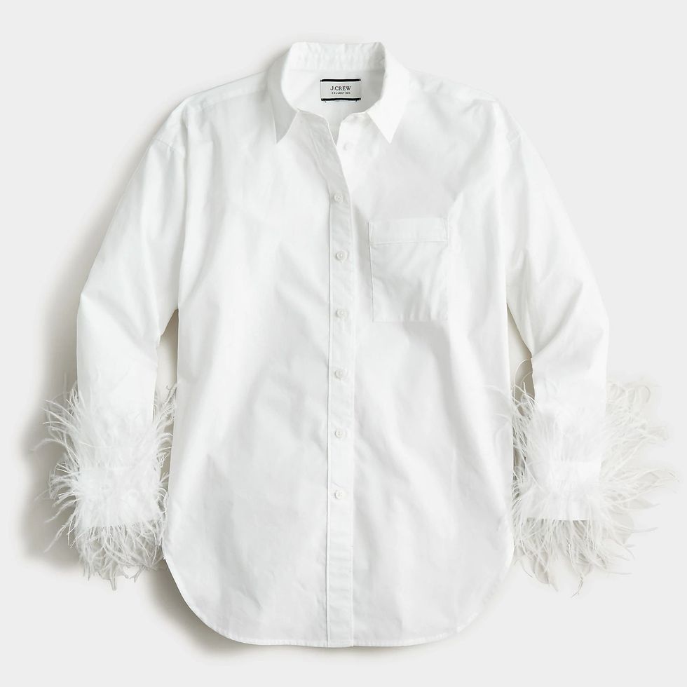 Feather-Trim Cotton Poplin Button-Up Shirt with Collar