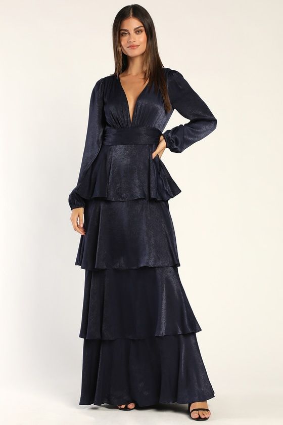 Tier For Love Navy Blue Satin Long Sleeve Tiered Maxi Dress