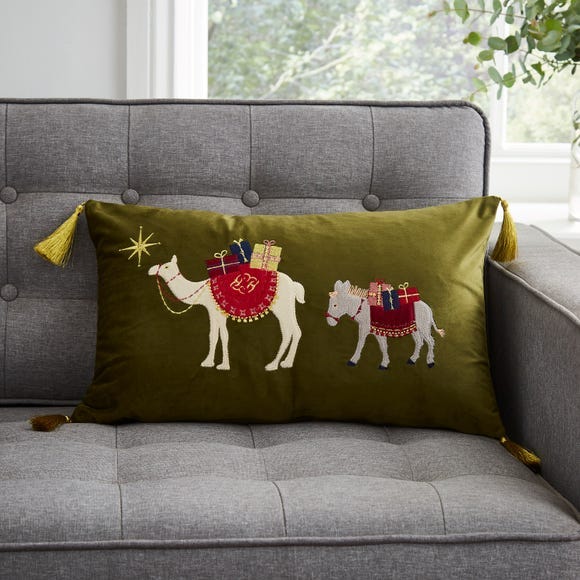 Festive Traveller Scene Olive Cushion